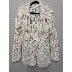 Chicos Cream Ivory Chunky Knit Fringe Cardigan Sweater Wool Blend Size 0 XS S
